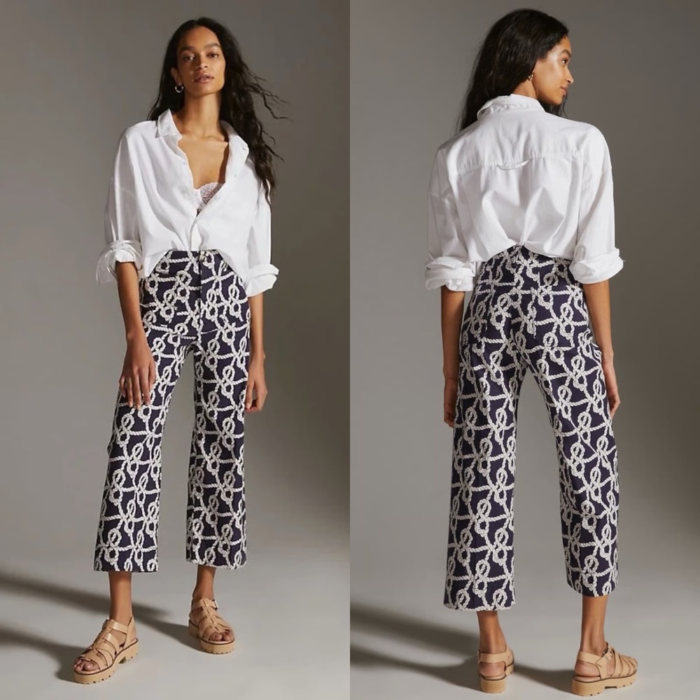 Maeve Navy and White Rope-Print Cropped Wide-Leg Pants